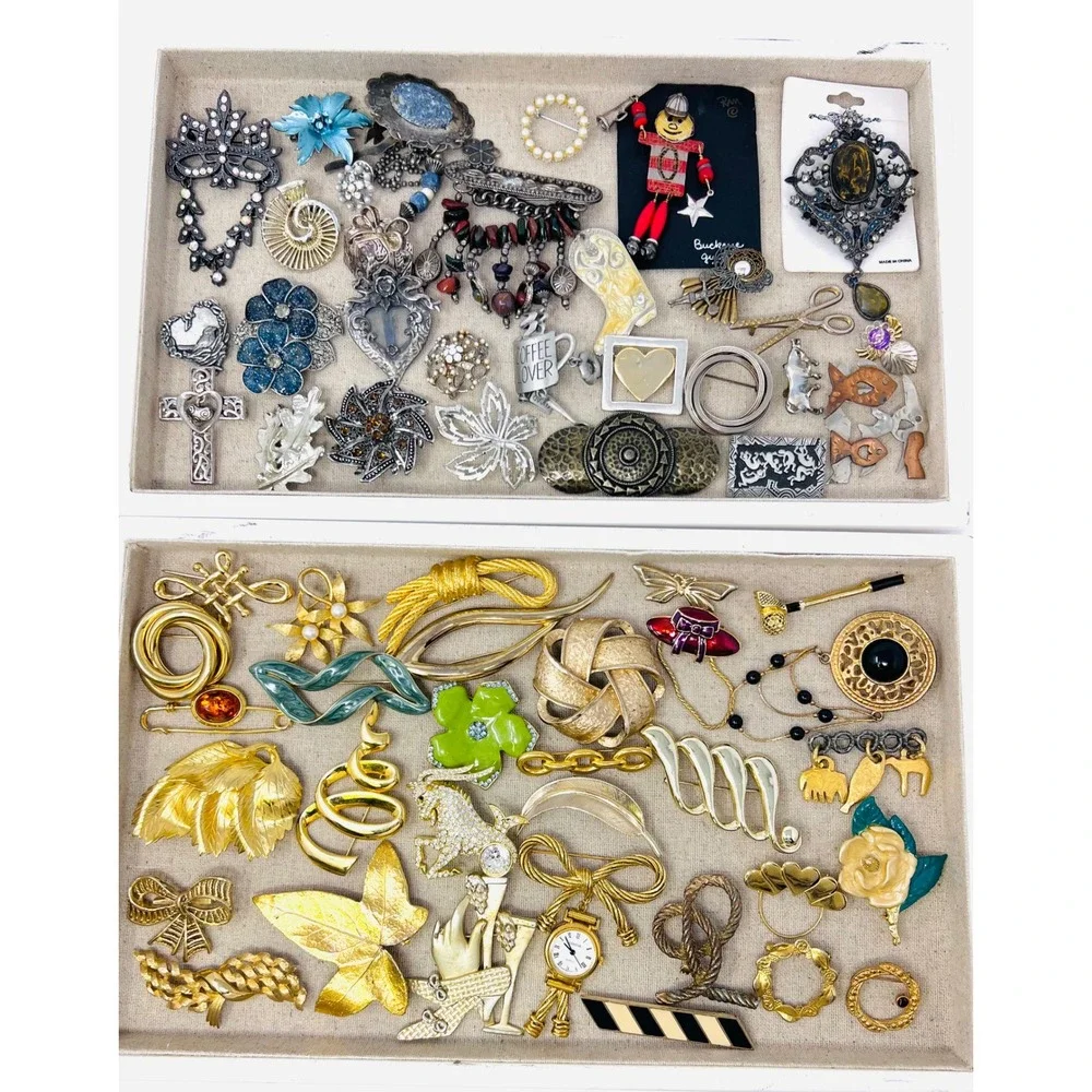 Vintage & Modern Gold & Silver Tone Assorted Rhinestone Floral Brooch lot of 52